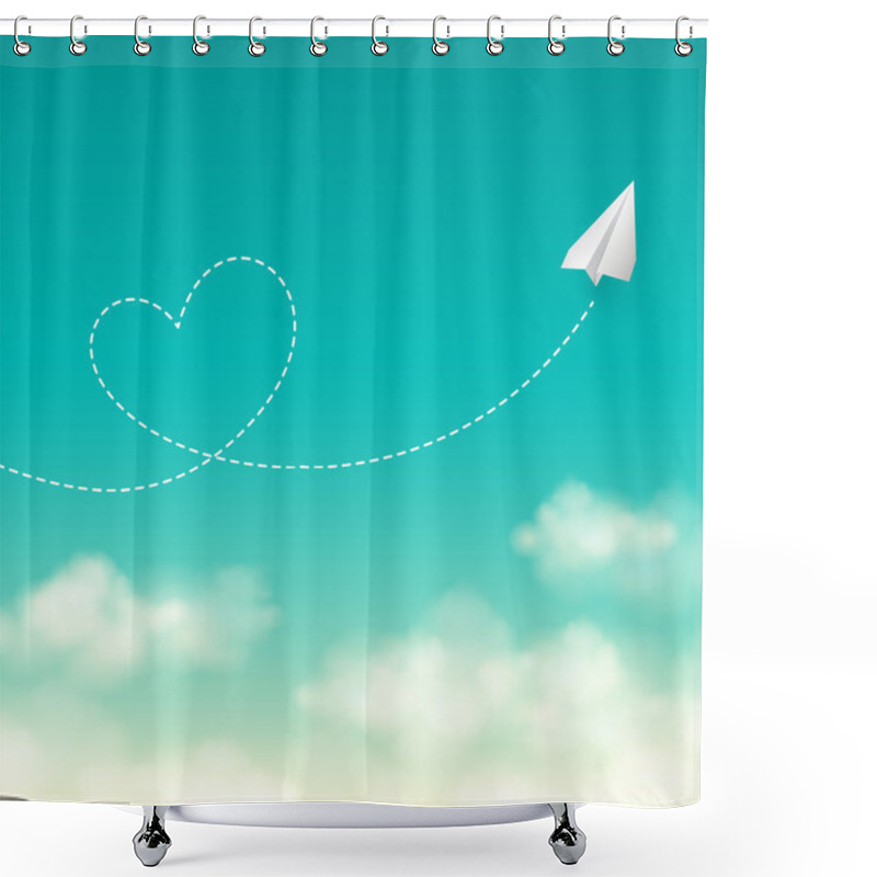 Personality  Love Travel Concept A Paper Plane Flying In The Sunny Blue Sky  Vector Background Shower Curtains