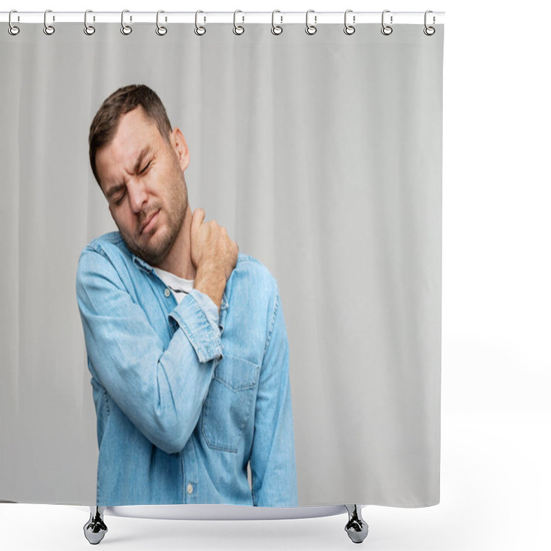 Personality  Neck Pain Or Cervicalgia. Man Touching His Neck With His Hand And Feeling Pain. Shower Curtains