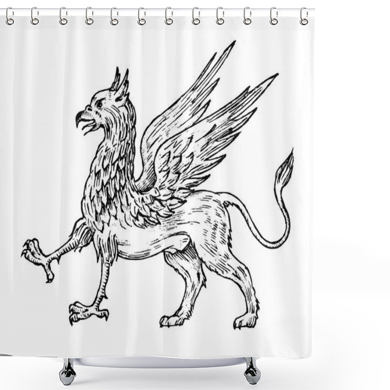 Personality  Mythological Animals. Mythical Antique Griffin. Ancient Birds, Fantastic Creatures In The Old Vintage Style. Engraved Hand Drawn Old Sketch. Shower Curtains