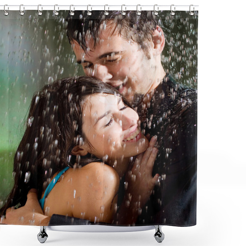 Personality  Young Couple Hugging Under A Rain Shower Curtains