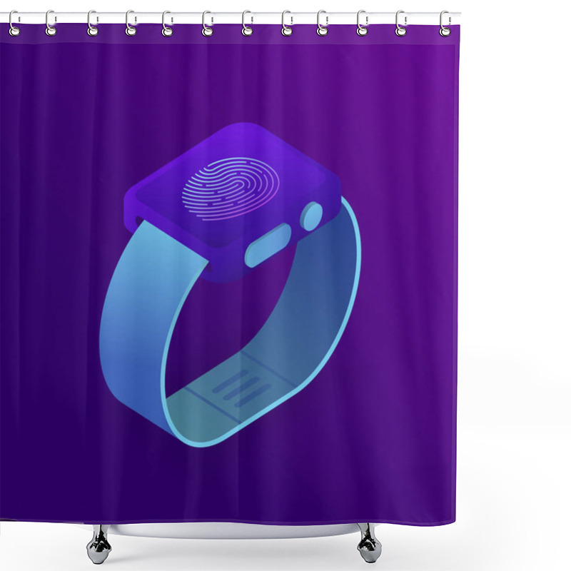 Personality  Fingerprint On Watch Screen Business Security Concept. Application Scanning Fingerprint. 3d Isometric Vector Illustration On Ultraviolet Background Shower Curtains