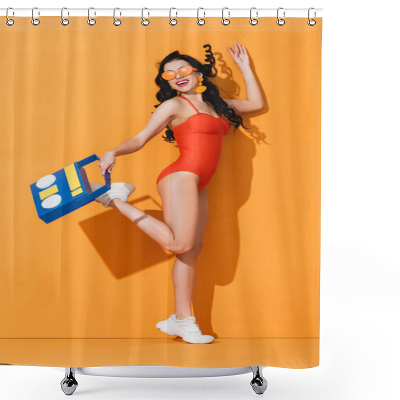 Personality  Stylish Woman In Sneakers, Sunglasses And Bathing Suit Holding Paper Cut Boombox On Orange Shower Curtains