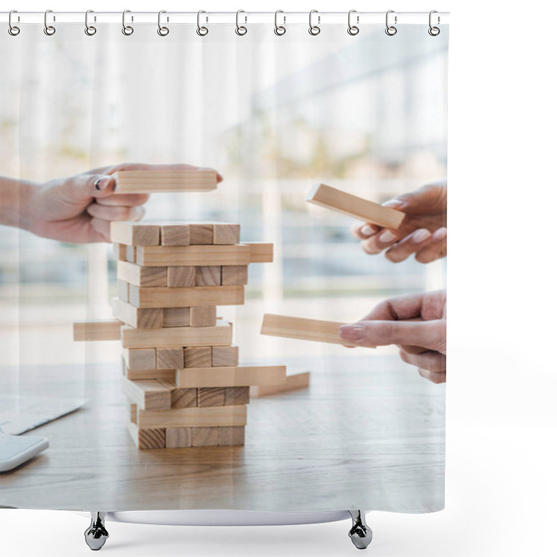 Personality  KYIV, UKRAINE - NOVEMBER 22, 2019: Cropped View Of Women Playing Blocks Wood Tower Game  Shower Curtains