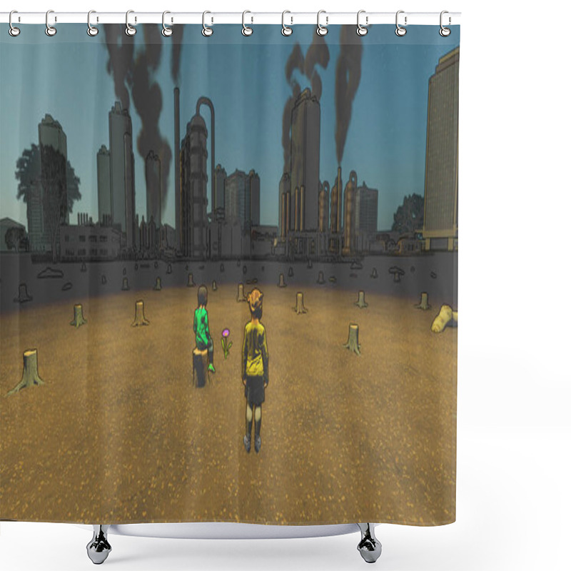 Personality  Polluted City And Girls Looking At The View With Hope, Environmental Issues, Cartoon Style Shower Curtains