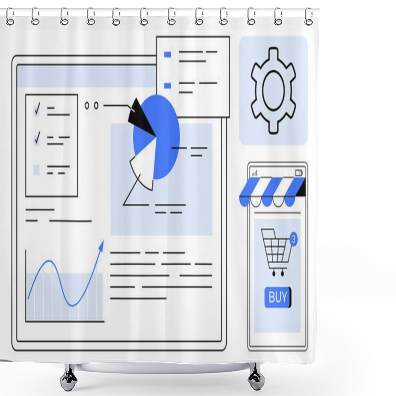 Personality  A Digital Dashboard Includes Graphs, Pie Chart, Checklist, Settings Gear, And Online Shopping Icon. Ideal For Marketing Strategy, Business Analytics, E-commerce, Technology, Website Design. Simple Shower Curtains