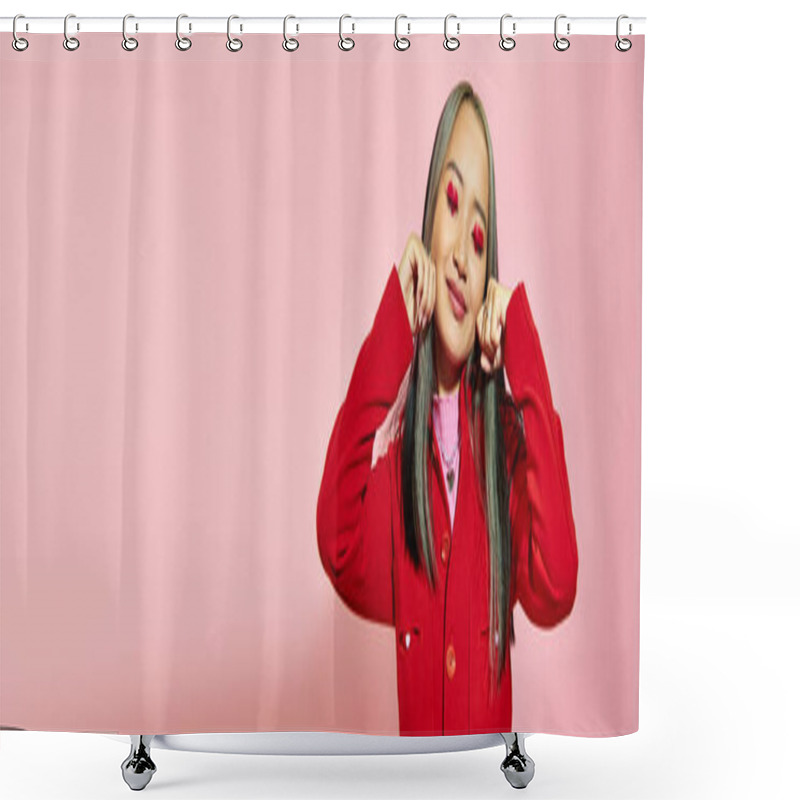 Personality  Young Asian Woman With Heart Shaped Eye Makeup Showing Crying Gesture With Hands On Pink, Banner Shower Curtains