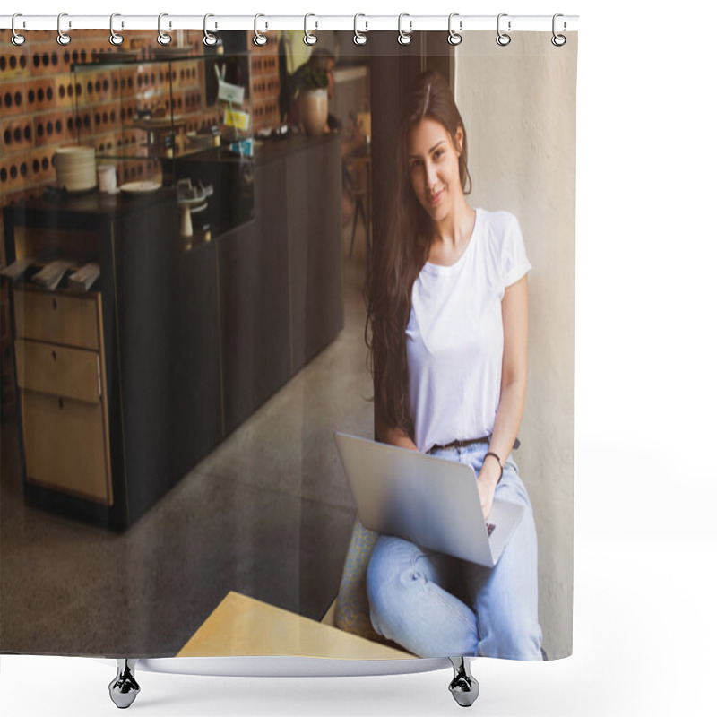 Personality  Gorgeous Female Freelancer Using Net-book For Distance Job While Sitting In Modern Coffee Shop Shower Curtains