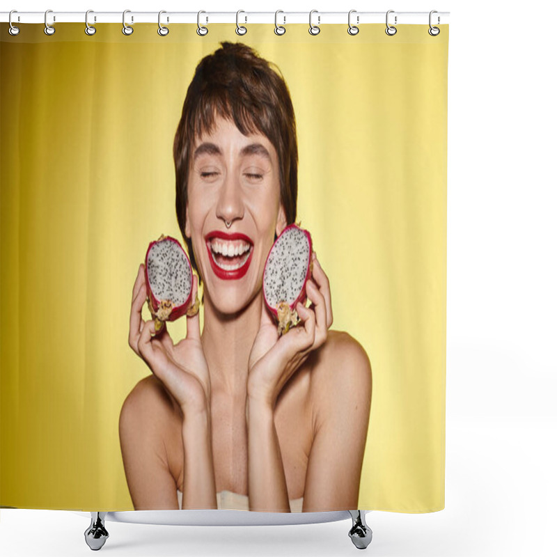 Personality  A Woman Playfully Holds Two Dragon Fruits In Front Of Her Face. Shower Curtains