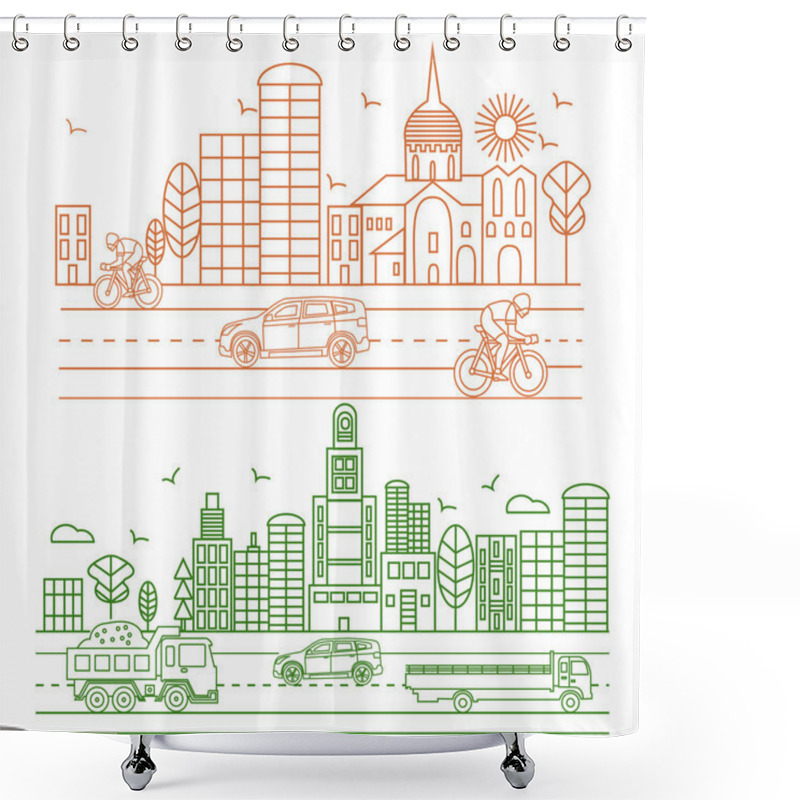 Personality  City Illustration In Linear Style Shower Curtains