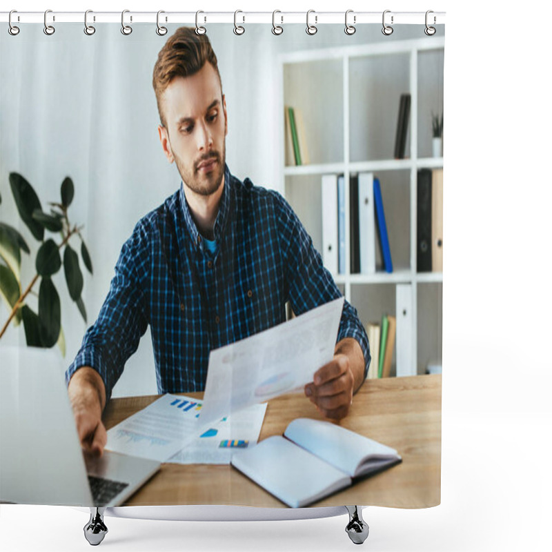 Personality  Portrait Of Businessman Doing Paperwork At Tabletop With Laptop In Office Shower Curtains