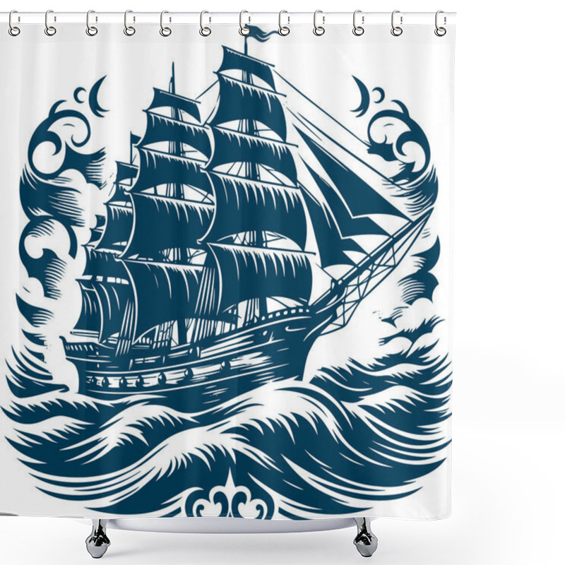 Personality  Detailed Engraved Ship Struggling Through Towering Waves Shower Curtains