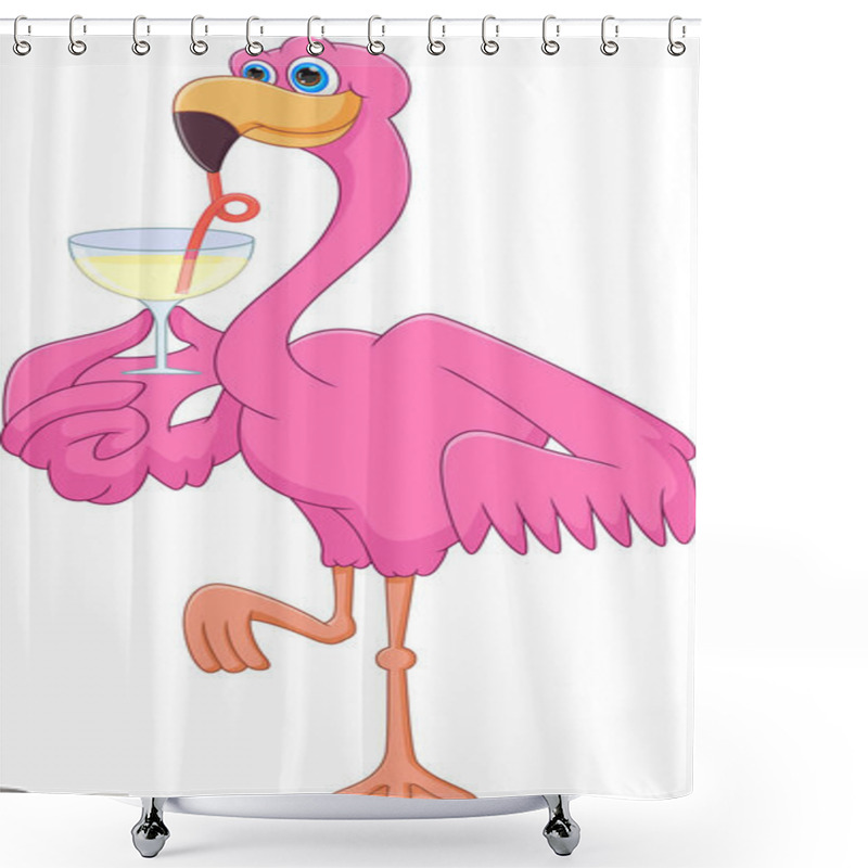 Personality  Cartoon Cute Flamingo Drinking On White Background Shower Curtains