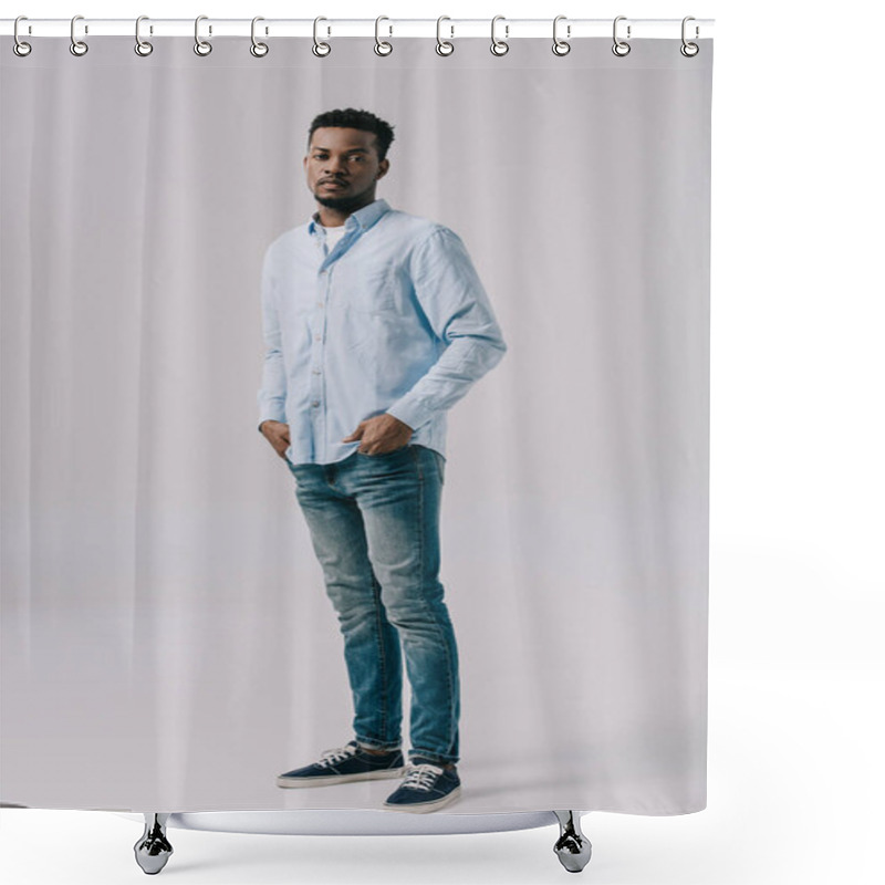 Personality  Handsome African American Man Standing With Hands In Pockets On Grey  Shower Curtains