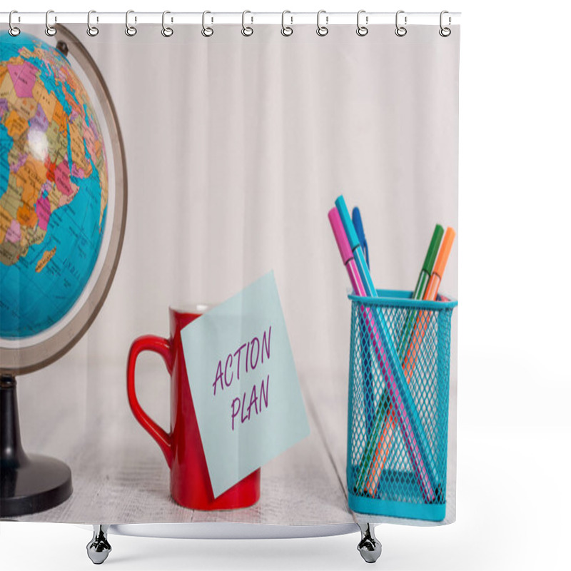 Personality  Writing Note Showing Action Plan. Business Photo Showcasing Proposed Strategy Or Course Of Actions For Certain Time Globe Map World Earth Coffee Cup Sticky Note Pens Holder Wooden Table. Shower Curtains