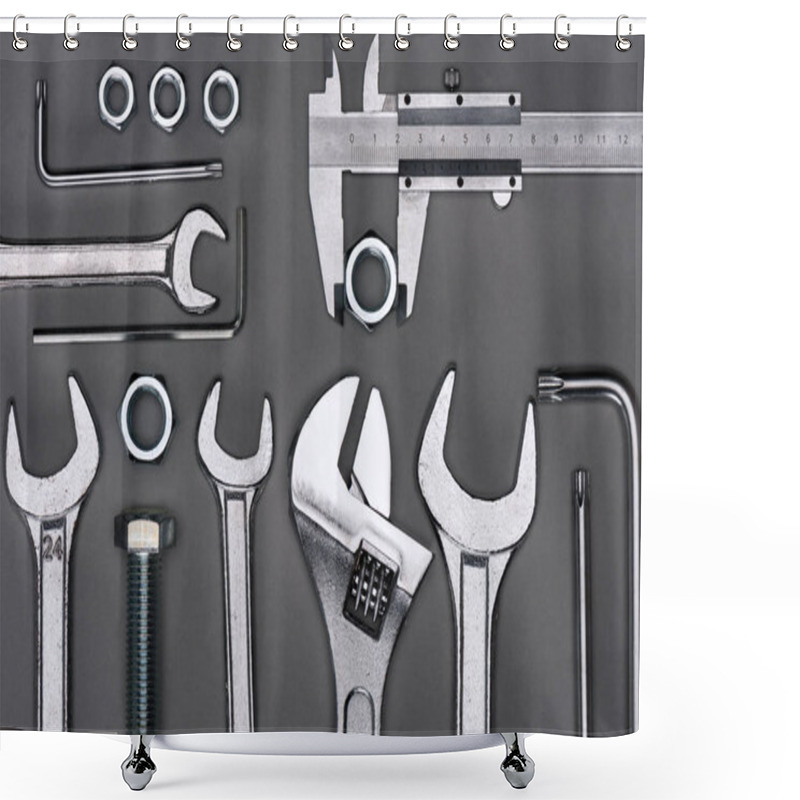 Personality  Top View Of Set Of Various Work Tools On Grey Shower Curtains