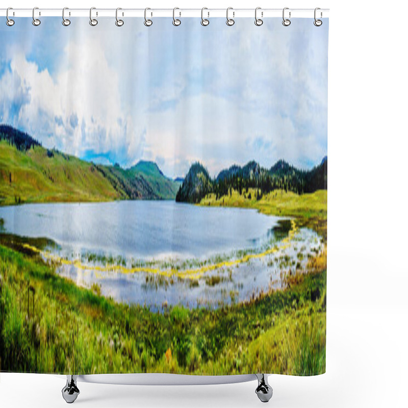 Personality  Panorama View Of Stump Lake Surrounded By The Rolling Hills And Wide Open Grass Lands Of The Nicola Valley Along Highway 5A, Between Merritt And Kamloops, British Columbia, Canada, Under Partly Cloudy Sky Shower Curtains