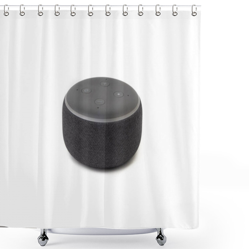 Personality  Kuala Lumpur - July 24, 2019 : Amazon Echo Dot Loudspeaker Alexa Voice Service Activated Recognition System On White Background Shower Curtains