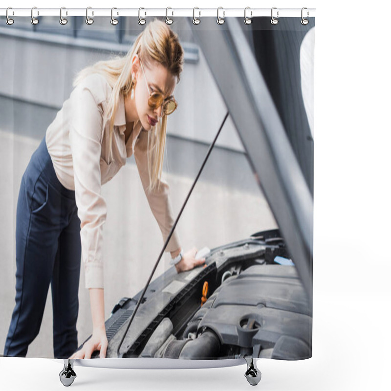 Personality  Businesswoman Standing Near Broken Auto And Looking At Open Trunk, Car Insurance Concept Shower Curtains