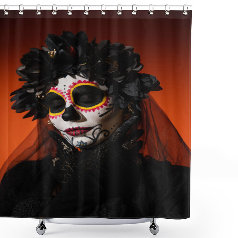 Personality  Portrait Of Woman In Halloween Costume And Sugar Skull Makeup Posing On Red Background  Shower Curtains