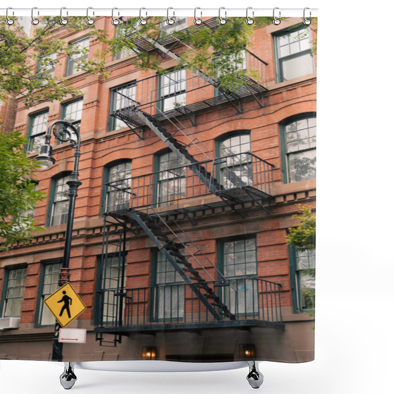 Personality  Brick Building With Metal Balconies And Fire Escape Stairs Near Lantern With Pedestrian Crossing Sign In New York City Shower Curtains