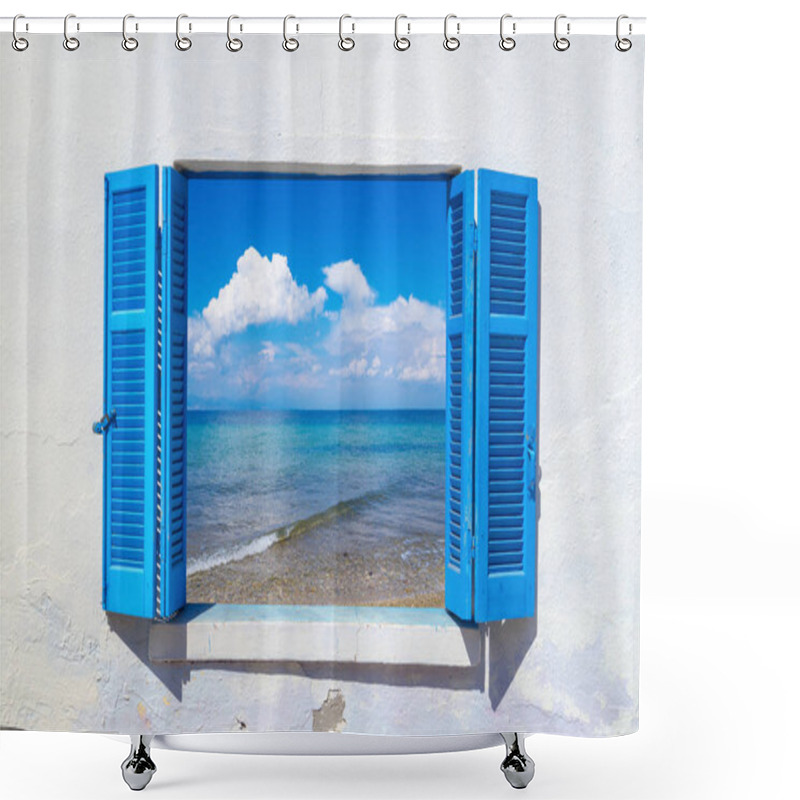 Personality  Sea View Through Traditional Greek Window Shower Curtains