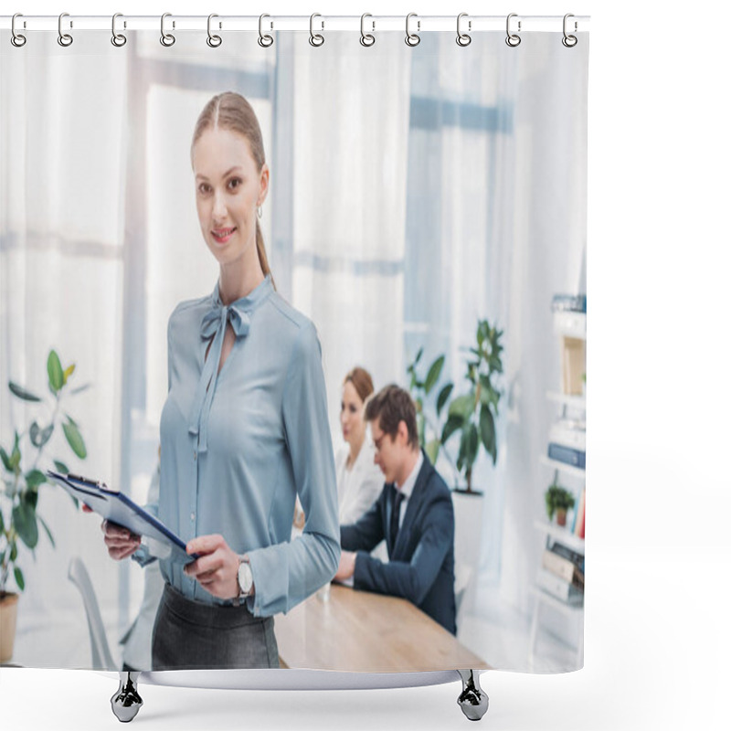 Personality  Selective Focus Of Cheerful Woman Standing With Clipboard Near Coworkers  Shower Curtains