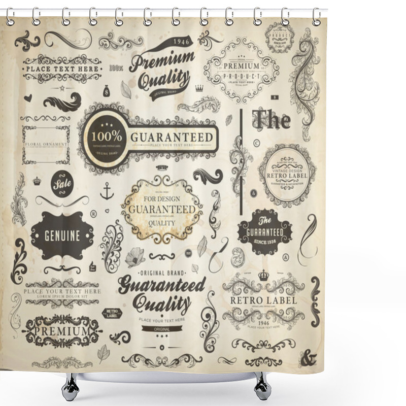 Personality  Vector Set: Calligraphic Design Elements And Page Decoration, Premium Quality, Seafarers And Satisfaction Guarantee Label Collection With Black Grungy Design And Flowers Shower Curtains