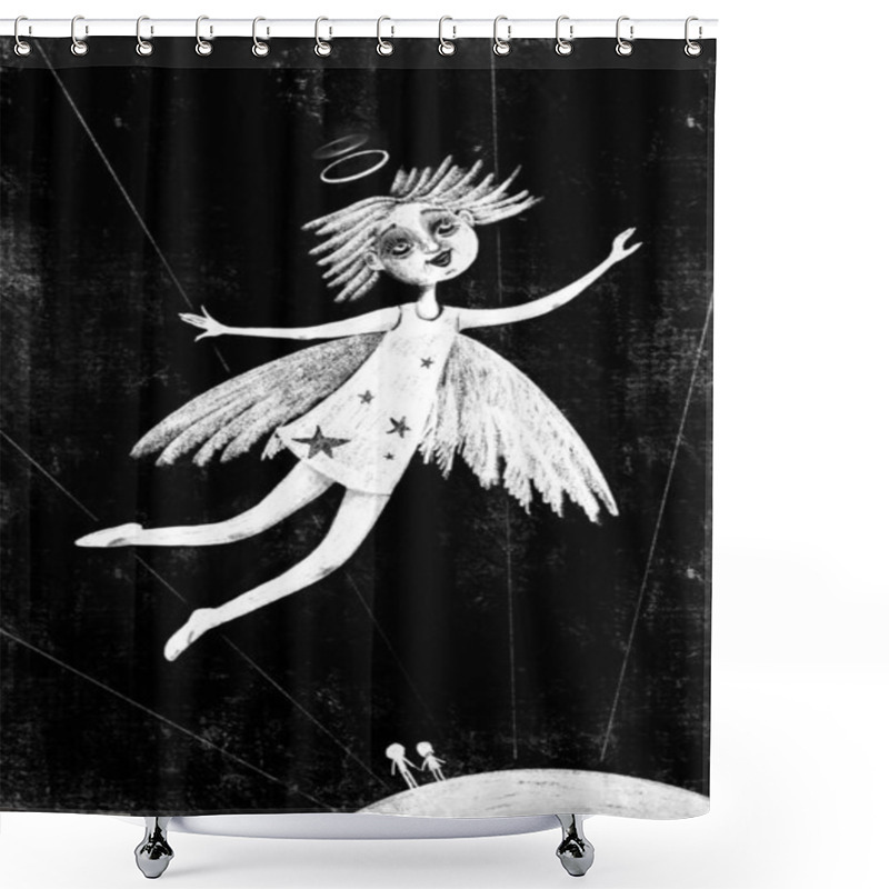 Personality  Young Cute Girl Angel Flies In The Sky. A Couple Of People On The Planet. Relationship Concept Shower Curtains