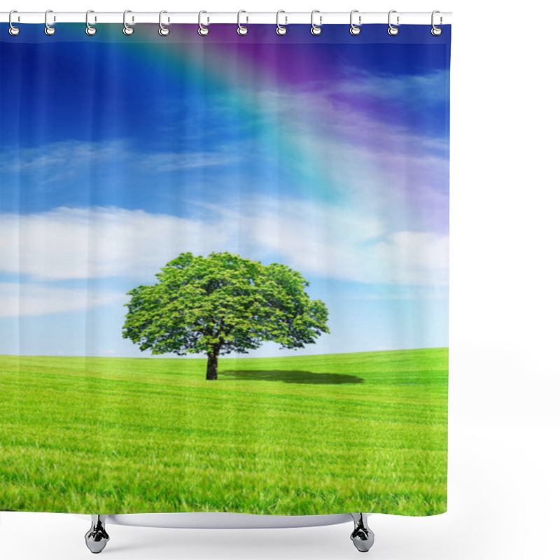 Personality  Idyllic View, Lonely Tree With Rainbow On Green Field Shower Curtains