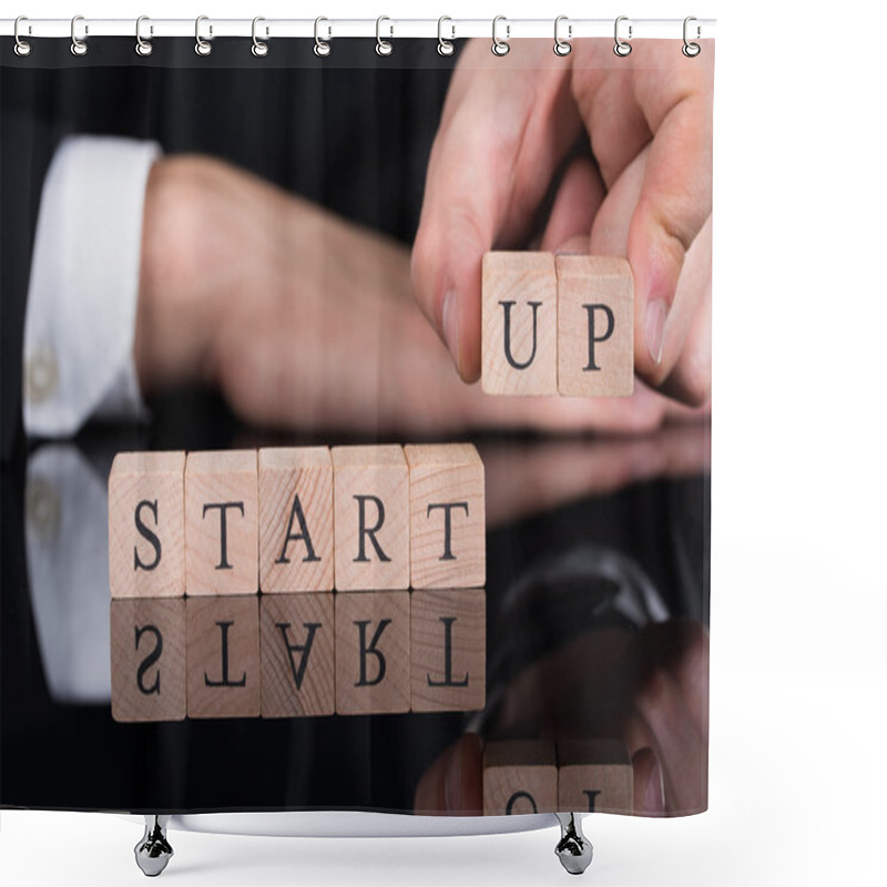 Personality  Businessman Arranging Startup Blocks On Desk Shower Curtains