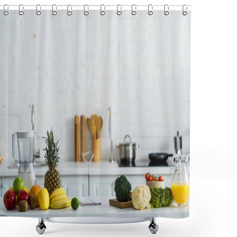 Personality  Organic Tasty Fruits And Vegetables Near Blender And Jug With Orange Juice  Shower Curtains