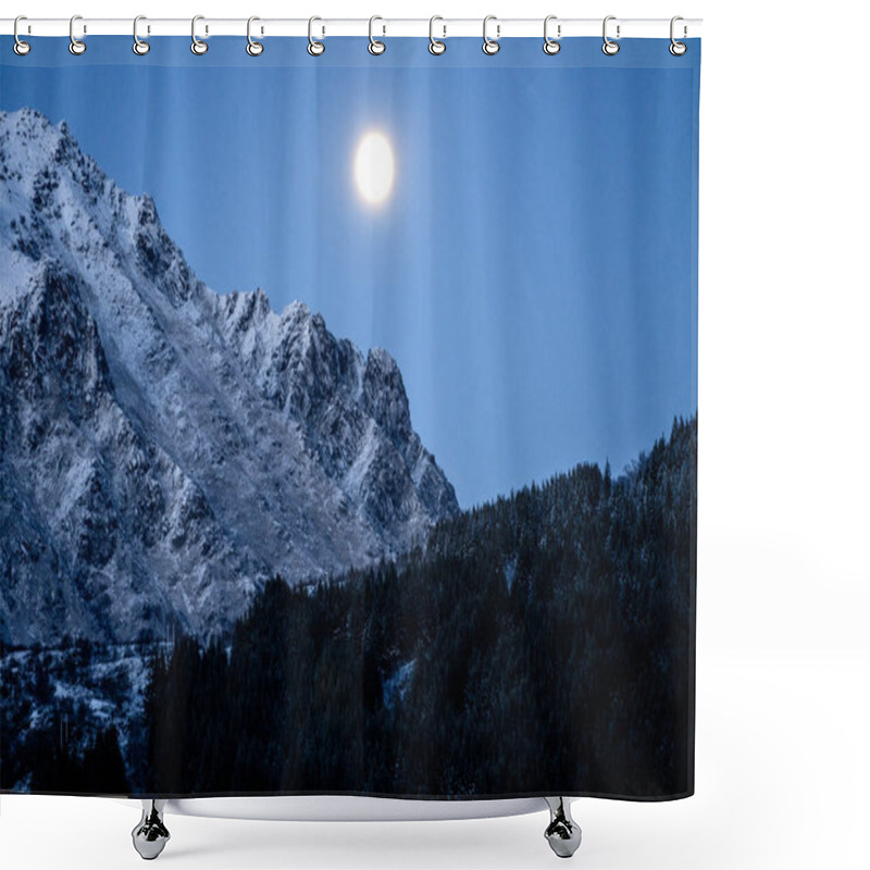 Personality  The Stunning View Features Snowcapped Mountains Illuminated By A Full Moon Against A Clear Night Sky Shower Curtains