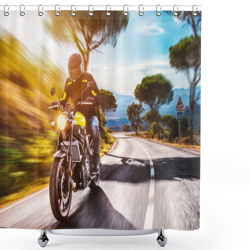 Personality  Motorbike On The Road Riding. Having Fun Riding The Empty Road Shower Curtains