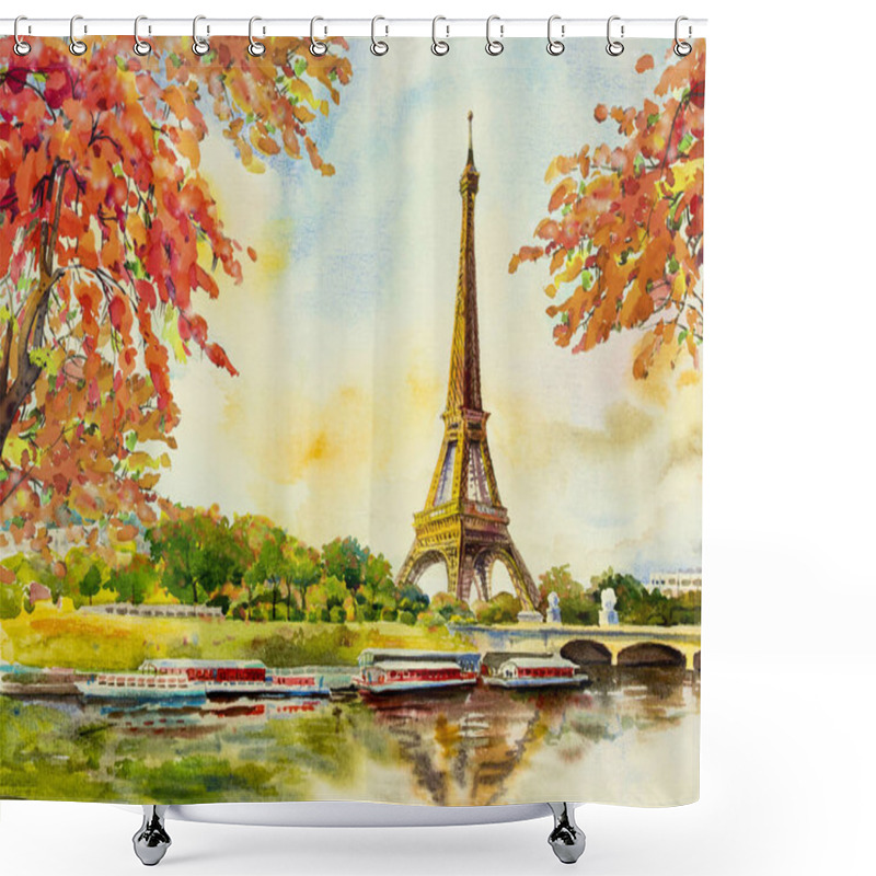 Personality  Paris European City Landscape. France, Eiffel Tower Famous, With Romantic The Seine River View In Autumn, Watercolor Painting Illustration, Skyline Background. World Landmark Shower Curtains