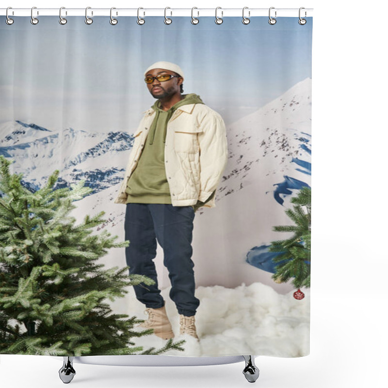 Personality  Fashionable Man In Stylish Warm Outfit With Beanie Hat Posing Next To Pine Trees, Winter Concept Shower Curtains