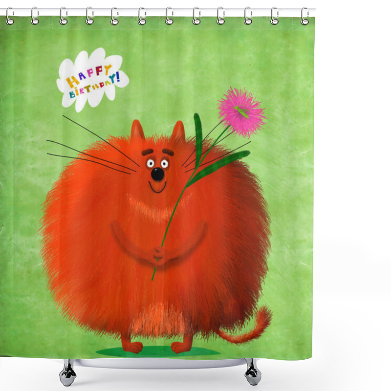 Personality  Birthday Card Big Round Cat With Flower And Grasshopper Shower Curtains