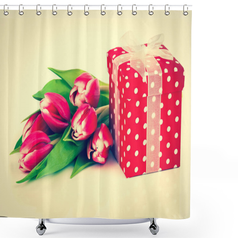 Personality  Beautiful Tulips With Red Polka-dot Gift Box. Happy Mothers Day, Shower Curtains