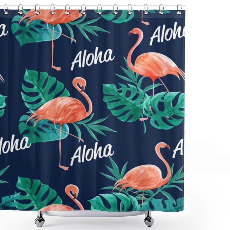 Personality  Watercolor Seamless Vector Of Flamingos Among The Leaves And Aloha Text. Design For Printing, Wallpaper And Fabric. Shower Curtains