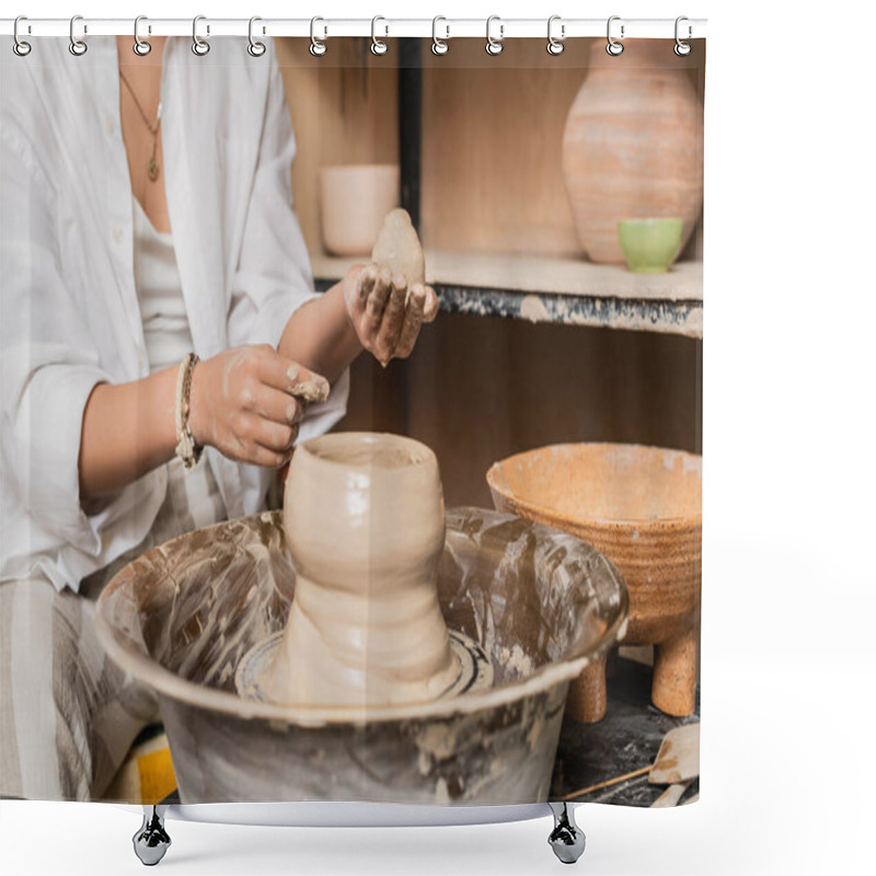 Personality  Cropped View Of Young Female Artisan In Workwear Holding And Molding Clay On Pottery Wheel And Working Near Bowl In Ceramic Workshop, Clay Sculpting Process Concept Shower Curtains