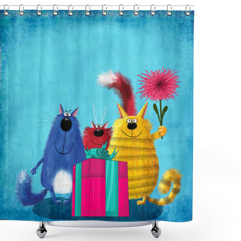 Personality  Smiling Cats Standing Behind Huge Present Box  Shower Curtains