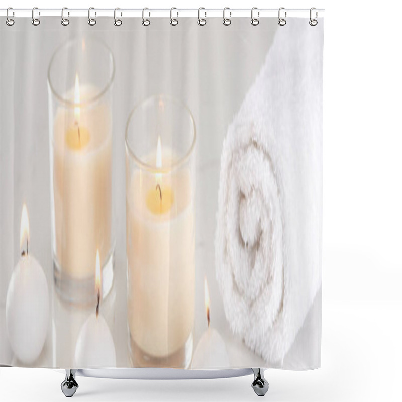 Personality  Burning White Candles In Glass And Rolled Towel On Marble White Surface, Panoramic Shot Shower Curtains