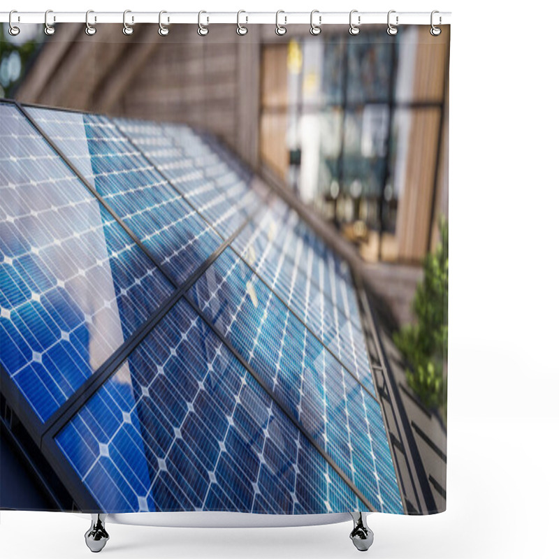 Personality  3d Rendering Of Installation Solar Panels On The Roof Of Modern Cozy Chalet With Pool And Parking For Sale Or Rent. Beautiful Forest Mountains On Background Shower Curtains