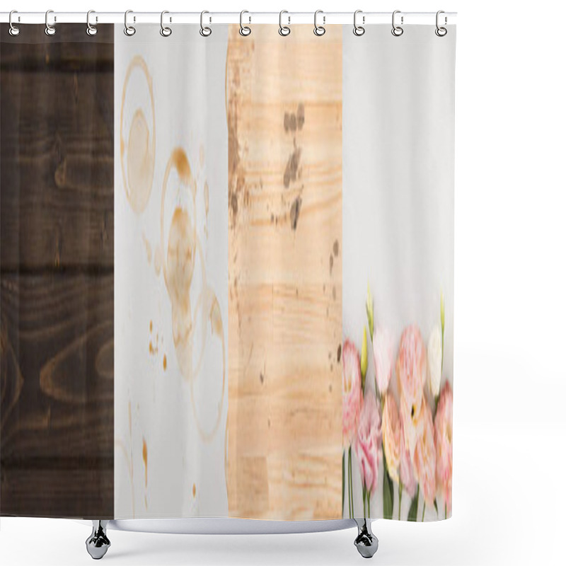 Personality  Collage Of Wooden Backgrounds, Coffee Stains And Pink Flowers  Shower Curtains