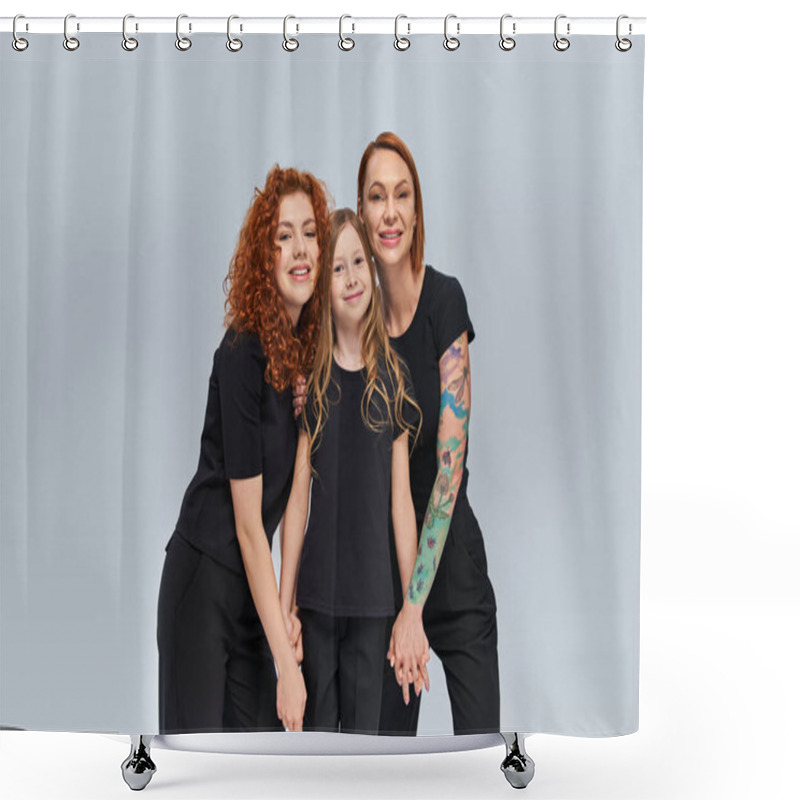 Personality  Positive Girl Holding Hands And Standing With Redhead Women In Matching Outfits On Grey Backdrop Shower Curtains