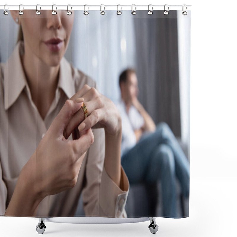 Personality  Partial View Of Upset Woman Taking Off Ring And Man On Sofa Shower Curtains