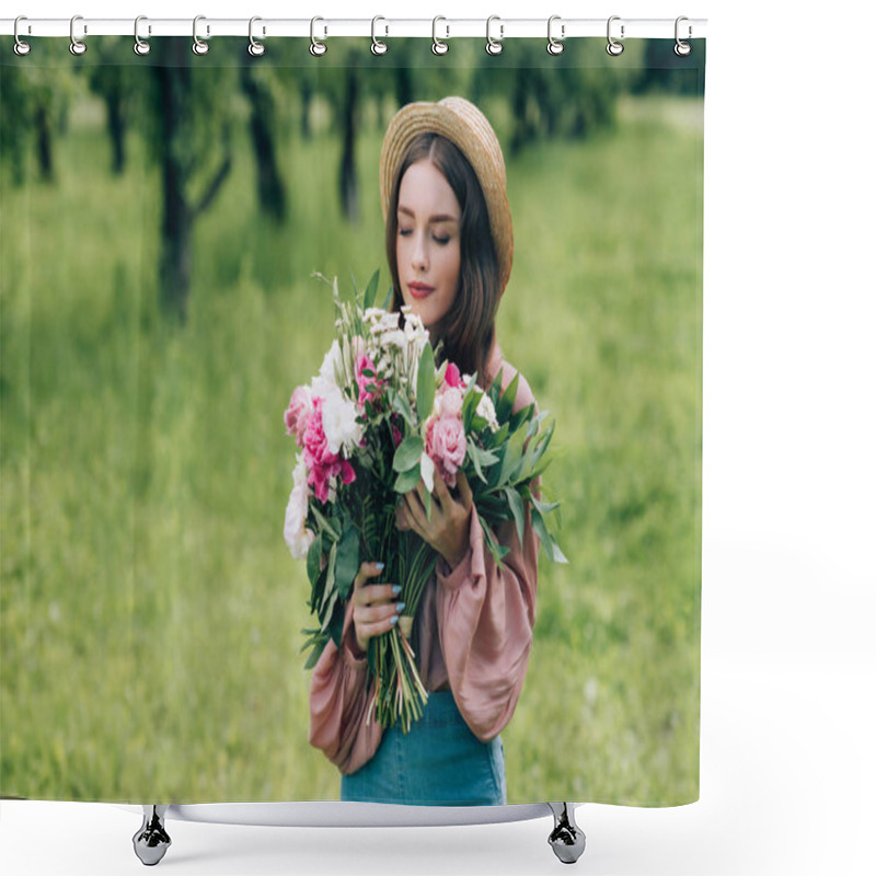 Personality  Portrait Of Beautiful Pensive Woman In Hat With Bouquet Of Flowers In Park Shower Curtains