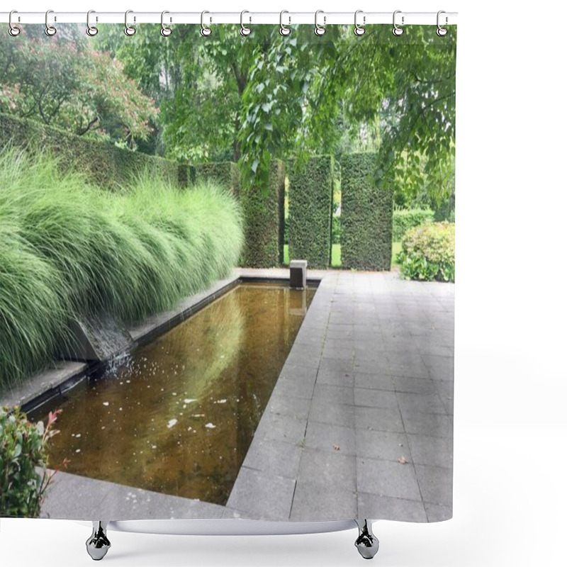 Personality  Pond And Grass In The Garden. The Mien Ruys Gardens, The Netherlands, August 4, 2019: Mien Ruys Is One Of The Most Important Garden Architects In The 20th Century. There Are Narrow Pond And Ornamental Grass, Clipped Bushes Of Taxus On The Picture Shower Curtains