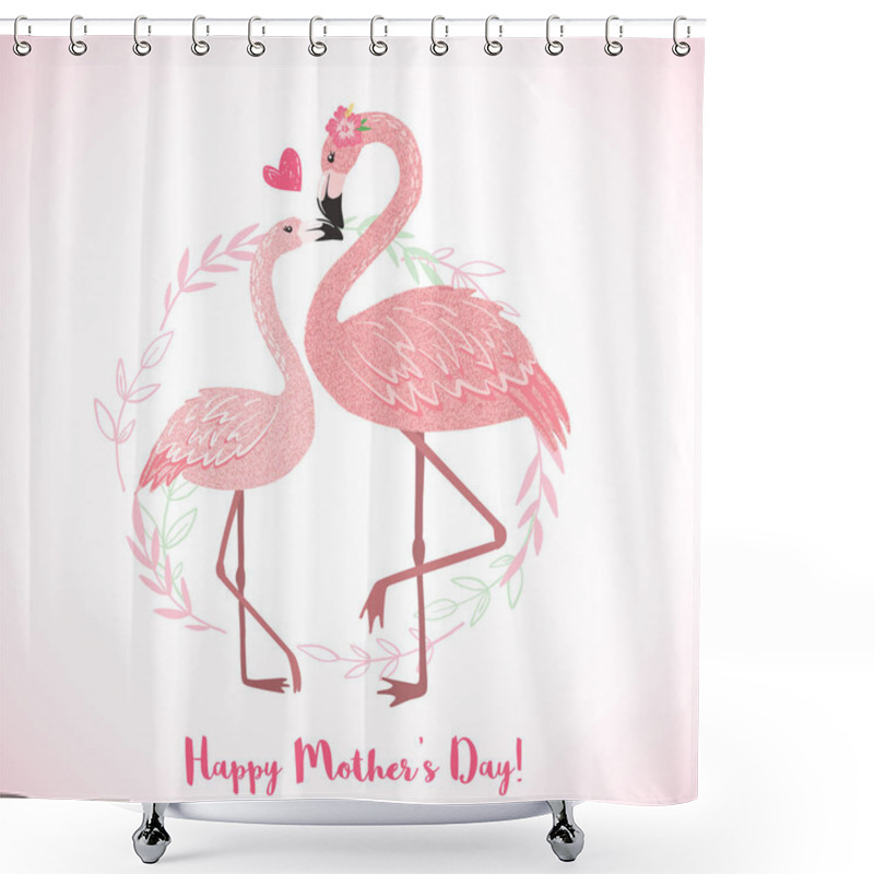 Personality  Cute Pink Flamingo Mom With Its Baby. Shower Curtains