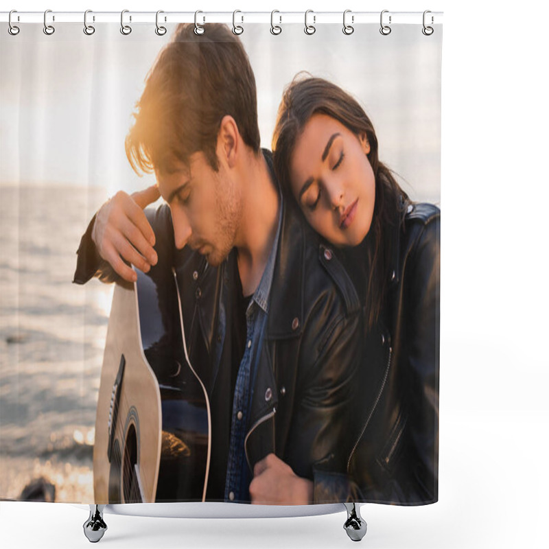 Personality  Young Man Holding Acoustic Guitar Near Woman On Beach At Sunset  Shower Curtains