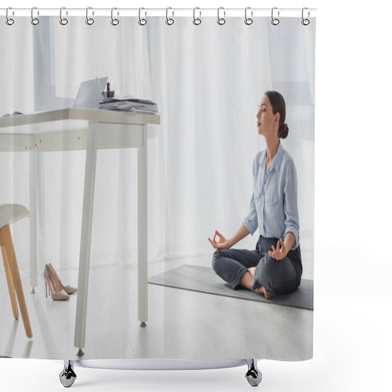 Personality  Young Businesswoman Practicing Yoga In Lotus Position With Gyan Mudra On Mat In Office  Shower Curtains